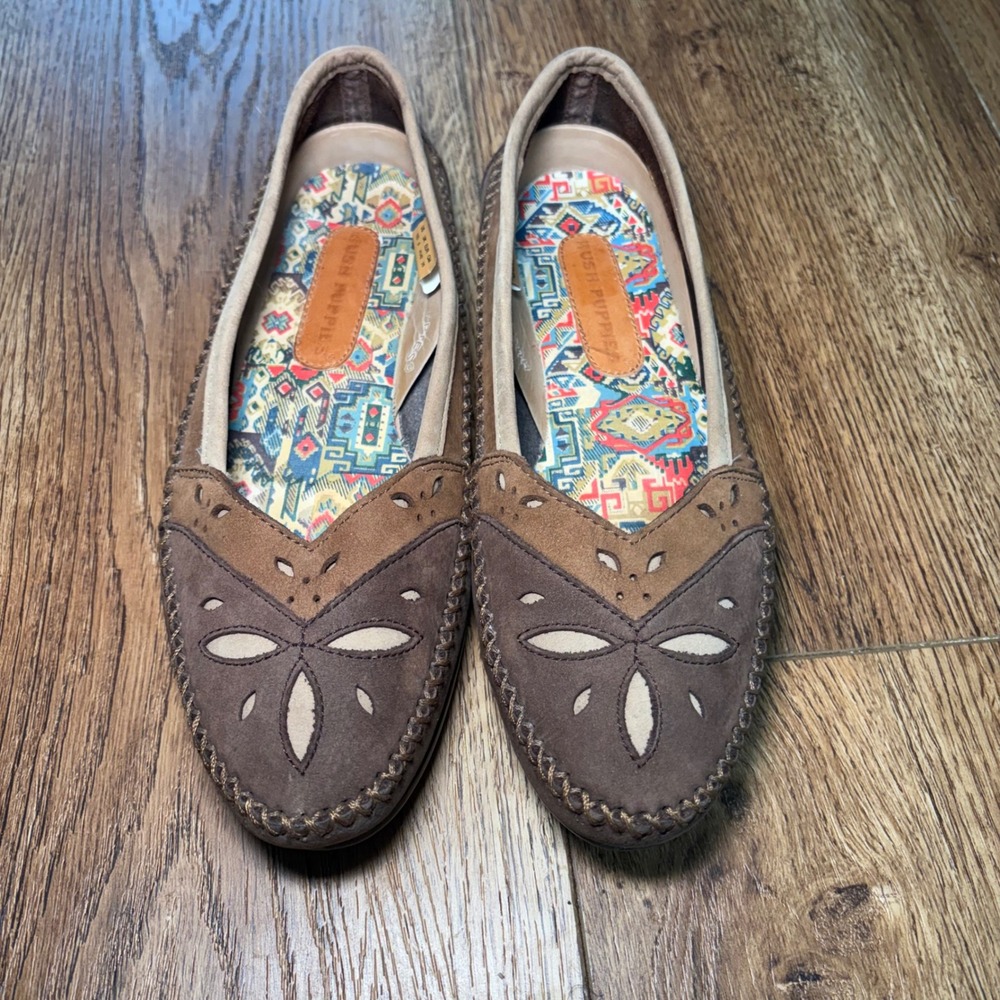 Hush Puppies Brown Suede Floral Cutout Moccasin Loafers Flats Size 10D Leather